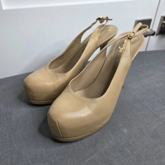 YSL Yves Saint Laurent Beige Leather Tribtoo 80 Slingback Heels EU 39 with COA